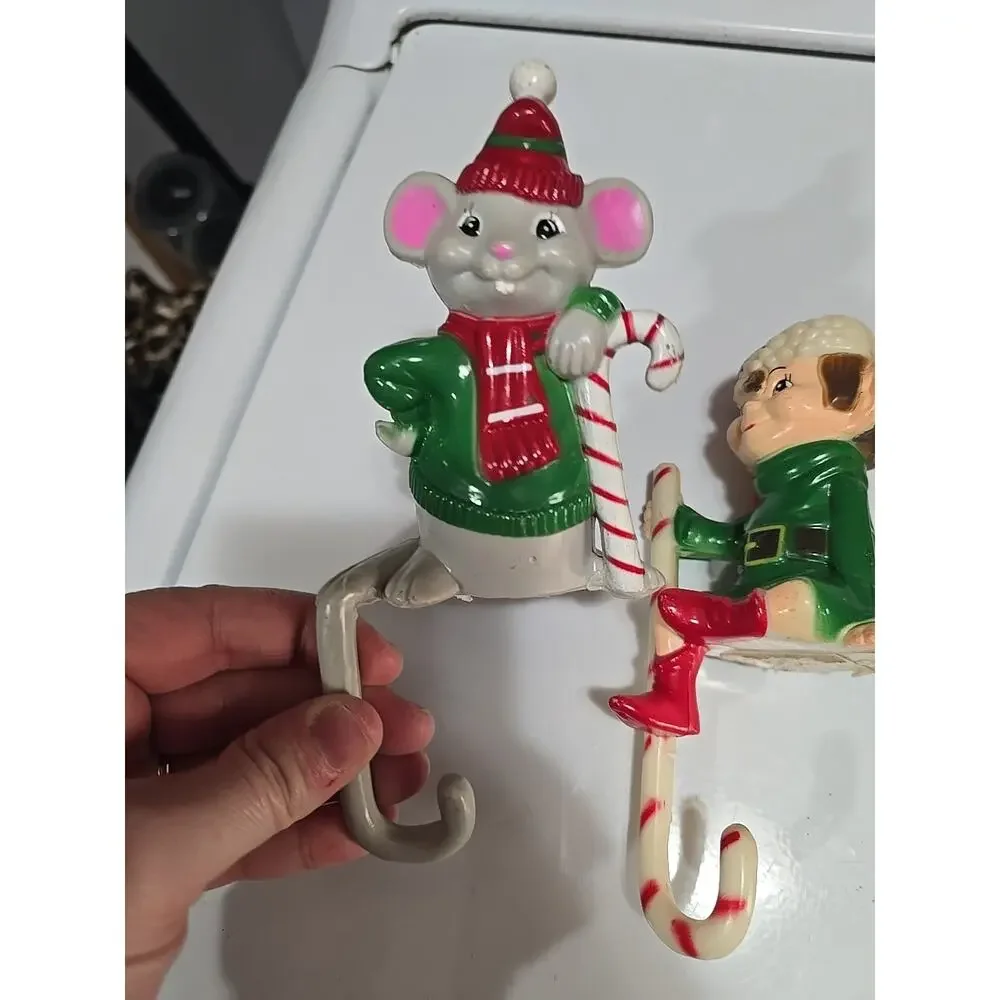 Vtg 70s Lot Hard Plastic Shelf Sitters Santa Mouse Elf Hong Kong Stocking Holder